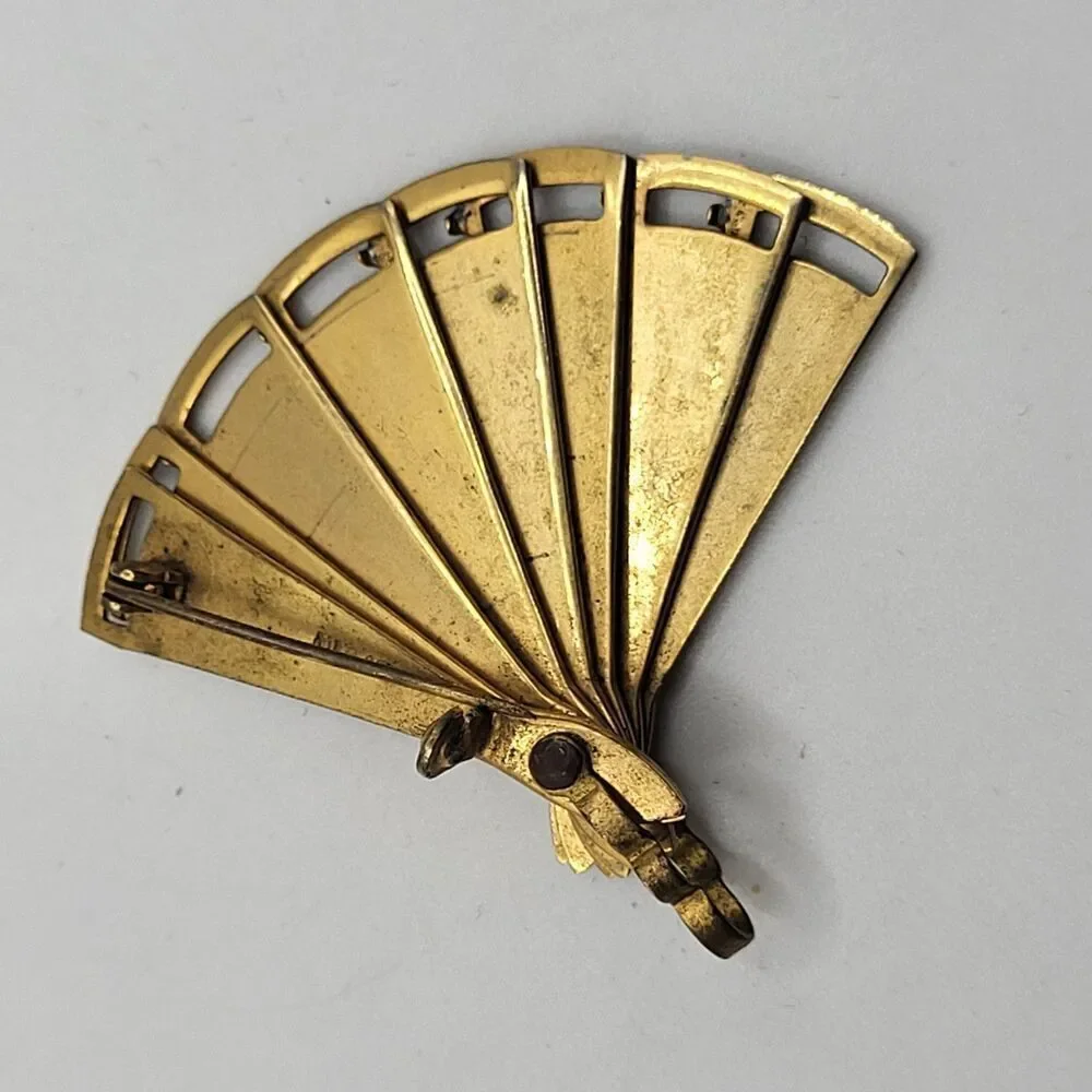 Antique Spain Gold Tone Enamel Design Damascene Articulating Fan Brooch Pendant
